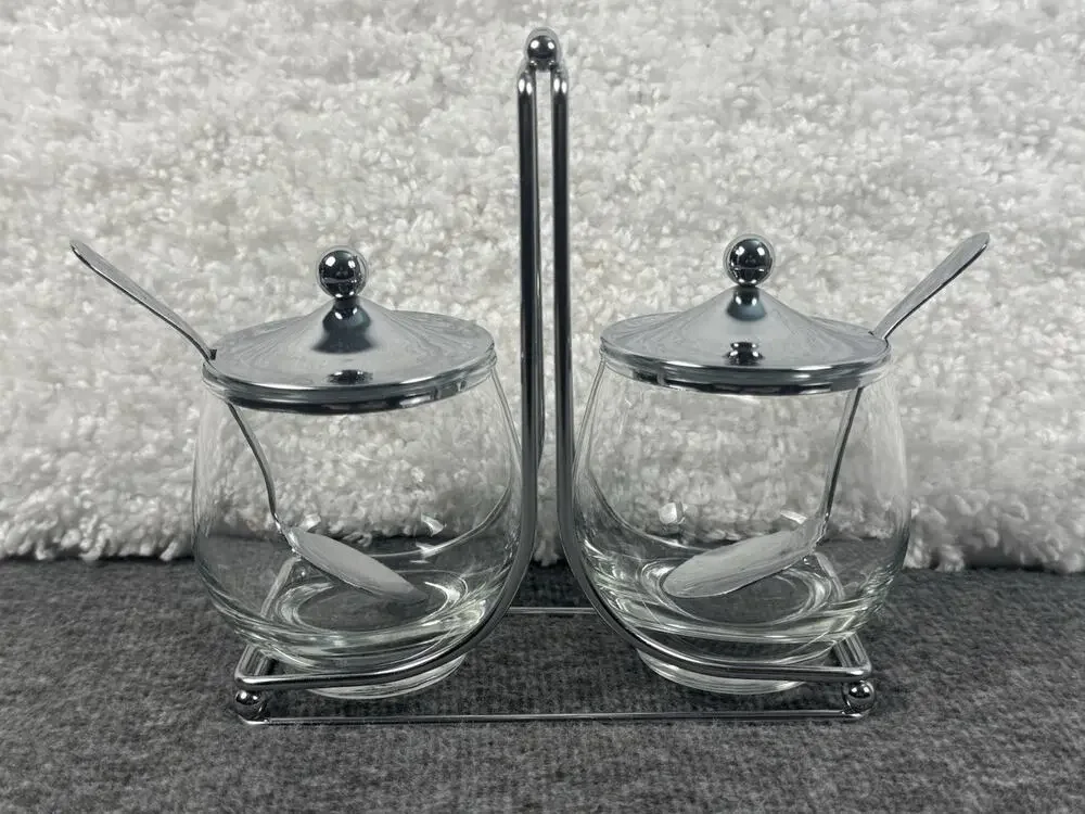 Chrome & Glass Jam/Condiment Caddy Carrier Server Mid Century Serving Set - READ